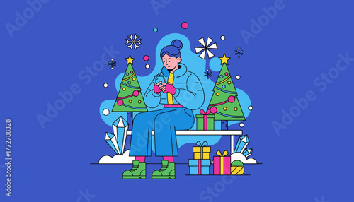 Woman texting by Christmas trees and gifts Holiday communication and digital shopping vector