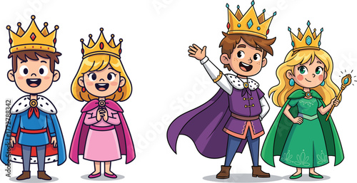 Cartoon prince, princess, king, queen, royal family, character set, fairytale costume, crown, cape, vector illustration, children, adults, transformation, fantasy theme, colorful outfit