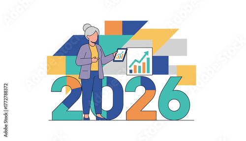 Business woman shows 2026 financial growth forecast on a tablet symbolizing success