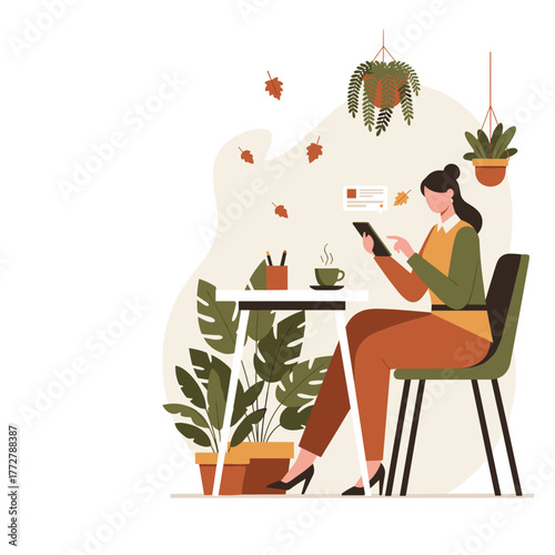 Woman using a tablet for remote work or communication in a cozy plantfilled autumn setting