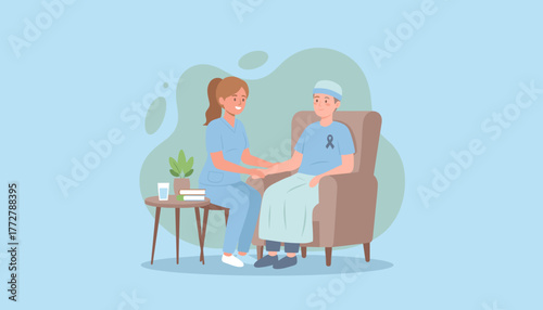 Healthcare worker comforts patient with purple ribbon Empathy support and medical assistance