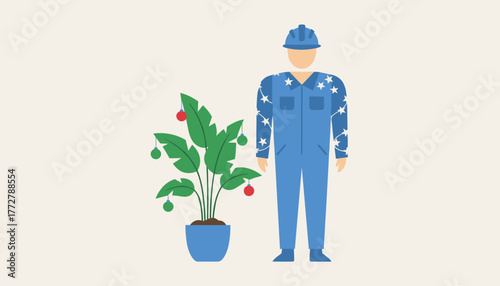 Festive illustration of a skilled worker in a hard hat celebrating holidays with a decorated plant