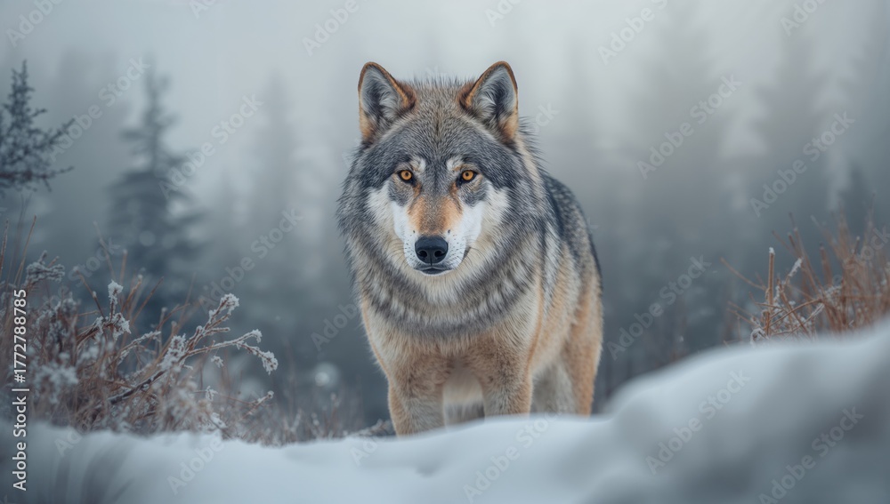 Fototapeta premium Majestic North American Grey Wolf in winter, focus on wildlife preservation