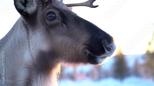 Reindeer Closeup Profile in Snowy Winter Landscape