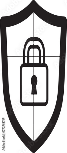 Cyber security shield icon with padlock silhouette symbol. Data protection, privacy lock emblem, antivirus firewall defense, secure login authentication guard vector illustration