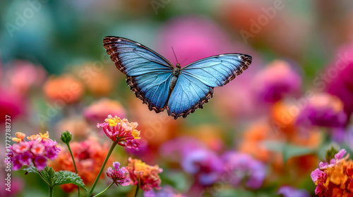 Blue morpho butterfly flying