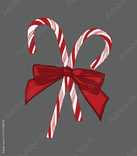 Christmas Candy Cane with Red Bow Illustration