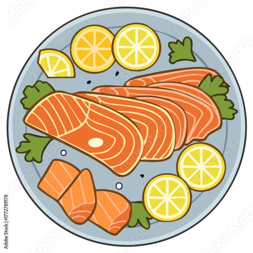 Flat illustration of sliced salmon with lemon slices and parsley on a plate
