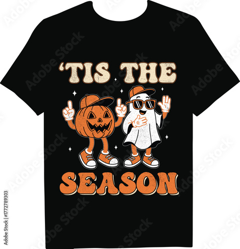 A cartoon pumpkin and ghost wearing hats and sneakers, standing side by side with the text tis the season on a black tshirt