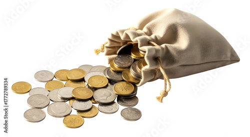 A drawstring pouch spilling gold and silver coins onto a dark surface isolated on transparent background
