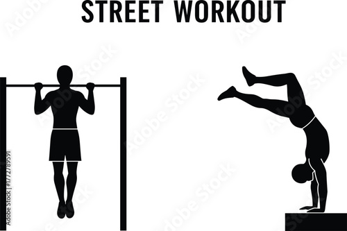 Street workout silhouette pull up exercise, calisthenics handstand training, outdoor fitness strength balance, urban gym bodyweight workout illustration, athletic sport design vector art