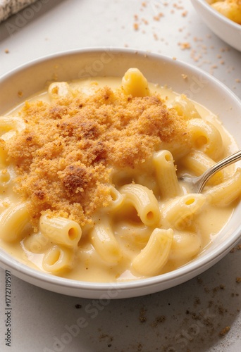 creamy bowl of mac and cheese with a golden crust