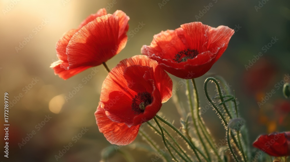 Obraz premium Bright Red Poppies in Soft Morning Light with Delicate Petals and Lush Green Stems Against a Warm Background