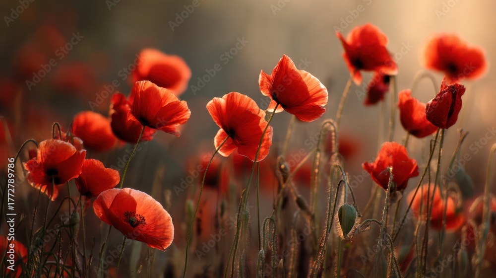Fototapeta premium Vibrant Red Poppies Blossoming in a Sunlit Field Capturing Nature's Beauty in Soft Focus During Golden Hour
