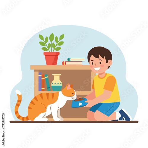 A happy young boy kneels down to feed his ginger tabby cat from a blue bowl.
