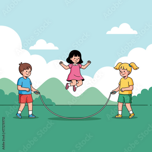 Three happy cartoon children playing jump rope together in a grassy park on a sunny day.