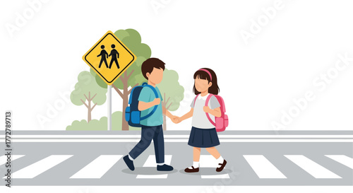 Two school children, a boy and a girl, holding hands while crossing the street at a crosswalk with a warning sign.