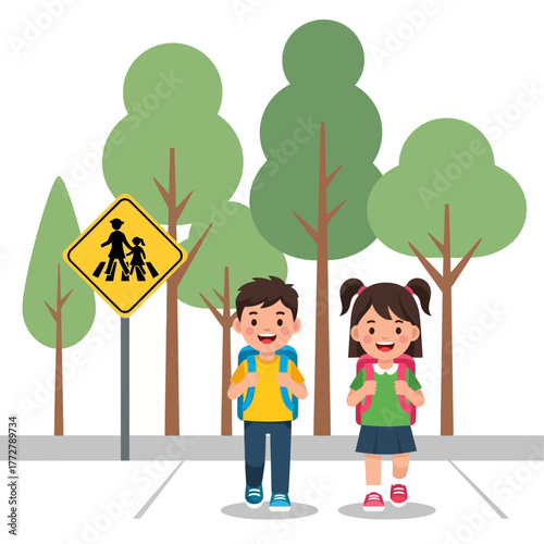 Happy cartoon children with backpacks walking on a sidewalk near a school crossing sign.