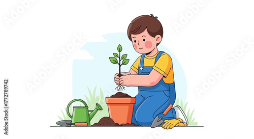 A young boy in blue overalls and a yellow shirt kneels to plant a small green seedling into a terracotta pot, surrounded by gardening tools and grass.