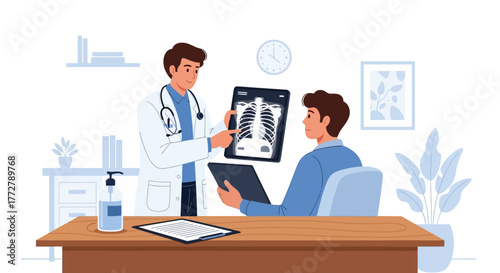 Male doctor in a white coat explaining a chest x-ray on a tablet to a seated male patient in a modern clinic office.