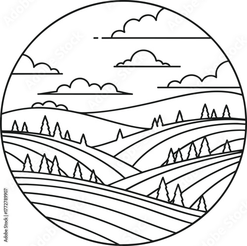 Monochrome line art of farmland with rolling hills and scattered trees under a cloudy sky