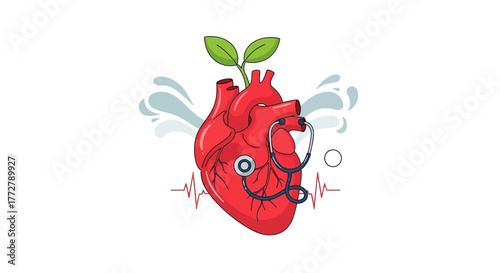 Healthy Heart Symbol with Stethoscope and Growing Plant, representing cardiovascular wellness and vitality