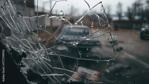 Shattered glass with damaged window backdrop