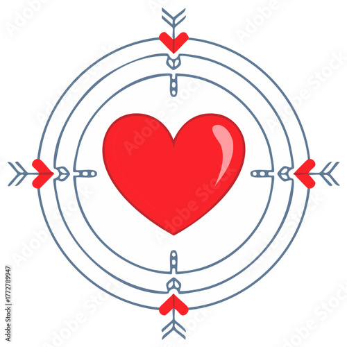 Red heart in a target with arrows, Valentine's Day romantic concept illustration.