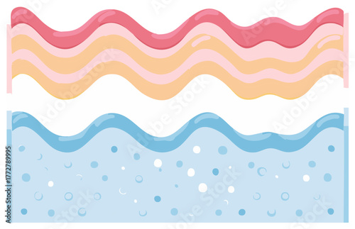 Glossy pink peach and orange wavy dessert layers above sparkling blue water with bubbles