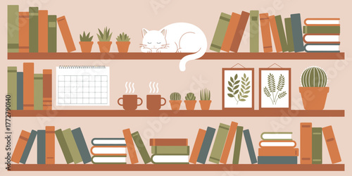 Home library decor featuring bookshelf with plants, stacked books, cute sleeping cat, coffee cups, colorful decorations, cozy reading nook and calm relaxing environment