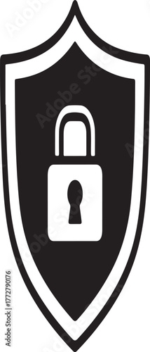 Cyber security shield icon with padlock silhouette symbol. Data protection, privacy lock emblem, antivirus firewall defense, secure login authentication guard vector illustration