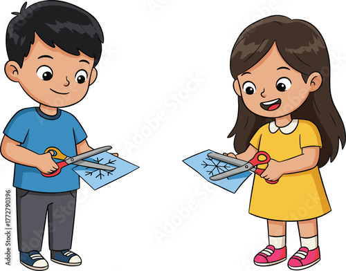 Children cutting paper, snowflake craft, creative kids, scissors activity, fine motor skills, indoor fun, educational art, cheerful moment, teamwork, handmade design