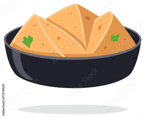 Delicious flatbread with savory sauce in a dark bowl a tempting dish