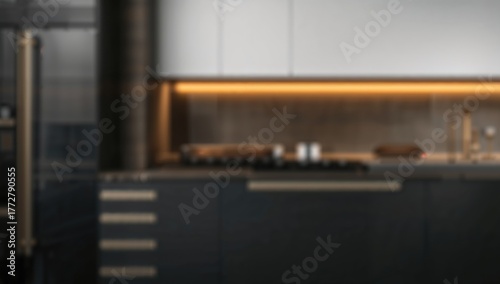 Modern minimalist kitchen interior featuring sleek black and white cabinetry, warm accent lighting, ideal for editorial header background