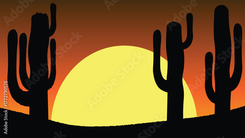 Landscape view of sunset in the desert with cactus. Sunset in the desert, shadow of cactus.