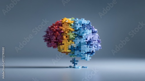 Colorful Puzzle Pieces Forming an Artistic Representation of the Human Brain on a Minimalistic Background