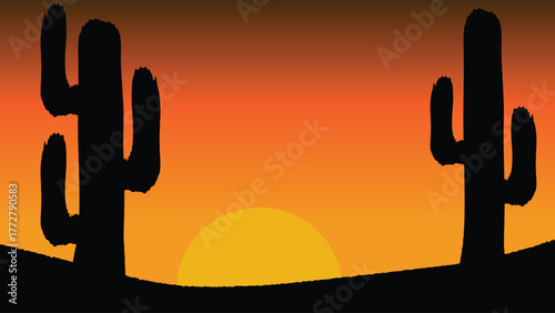Desert sunset landscape with cactus. Sunset in the desert. Shadow of cactus.
