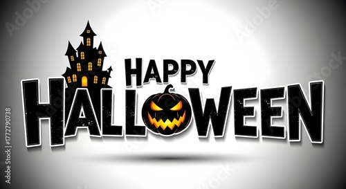 Happy halloween text with spooky haunted castle and jack o lantern