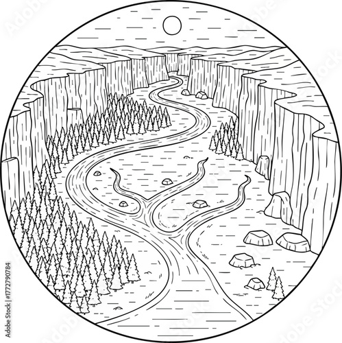Scenic canyon river landscape illustration in black and white line art style, framed in a circle