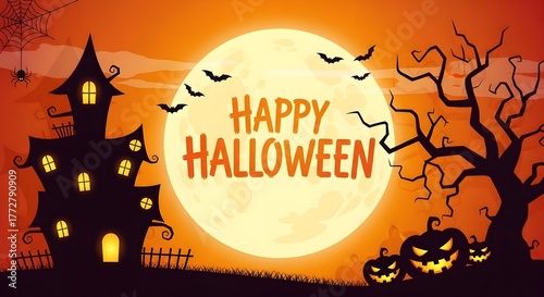 Spooky haunted house and jack o lanterns on halloween night