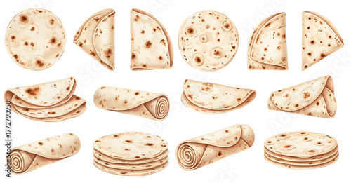 An illustrated collection of tortilla flatbreads, featuring various arrangements like stacks, folds, and wraps on a transparent background.