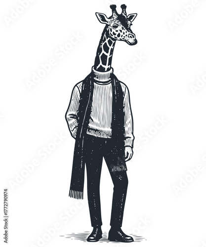 A stylish giraffe character with a human body dressed in a turtleneck, vest, and scarf. Vector illustration in a vintage engraving or woodcut art style.