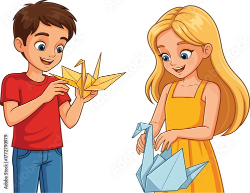 Children doing origami, paper folding activity, creative kids, colorful paper art, educational play, fine motor skills, indoor fun, cheerful moment