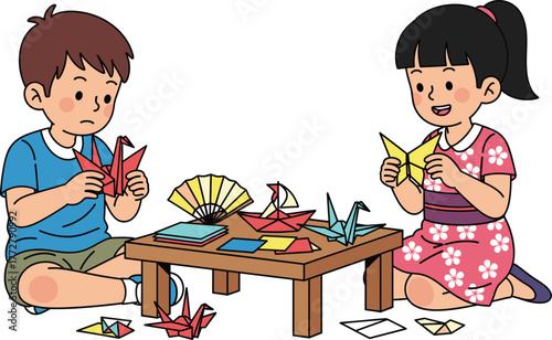 Children doing origami, paper folding activity, creative kids, colorful paper crafts, indoor learning, childhood creativity, handmade art, educational fun, teamwork