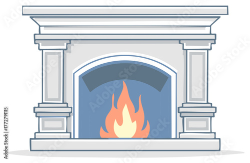 Cartoon Fireplace with Burning Fire Vector Illustration Interior Design Element Home Decoration Winter Cozy Warm House Heating