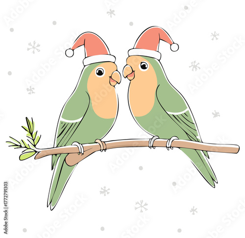 Christmas Parrots on Branch with Festive Hats and Falling Snow