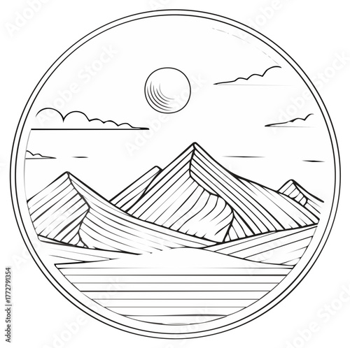 Striking mountain range scenery graphic with minimalist line art, framed in a circle.