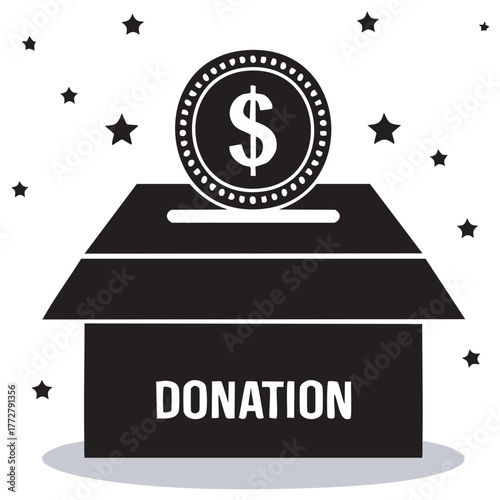 Charity donation box with dollar coin falling into slot and stars