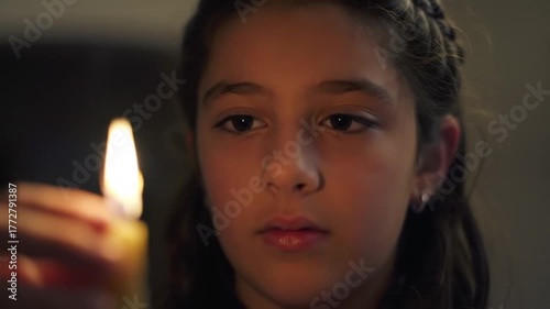 A young girl carefully lights a candle, her face illuminated by the warm glow.