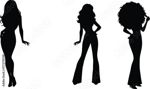Silhouette women fashion illustration, retro hairstyle afro style, vintage clothing outline, elegant female poses, stylish dress sketch, timeless beauty artwork, trendy apparel design, vector art